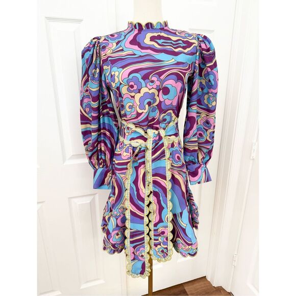 Celia B Womens Multicolor 3/4 Sleeves High Neck Ruffled Mini Zafre Dress XS NWT - Picture 1 of 8